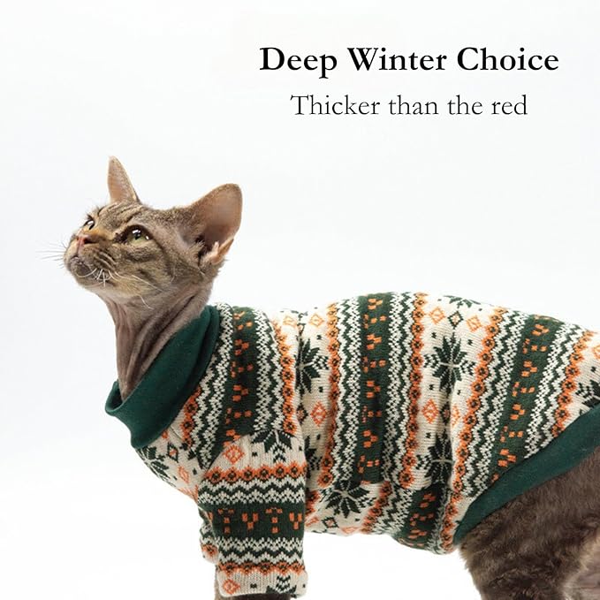 Cat Festive Sweater Pullover, Classic Soft Warm Christmas Clothes for Hairless Sphynx, Devon & All Indoor Kittens (Geometric,S)