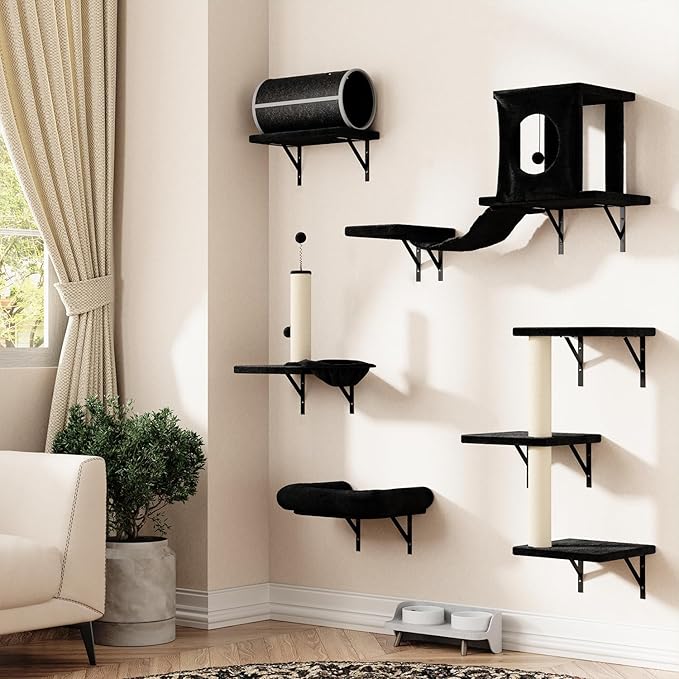 NUNU LAB 7-in-1 Cat Wall Shelves, Wall Mounted Cat Climber Set, Cat Furniture with House, Tunnel, Bridge, Steps, Scratcher, Hammock, Shelves for Indoor, Black