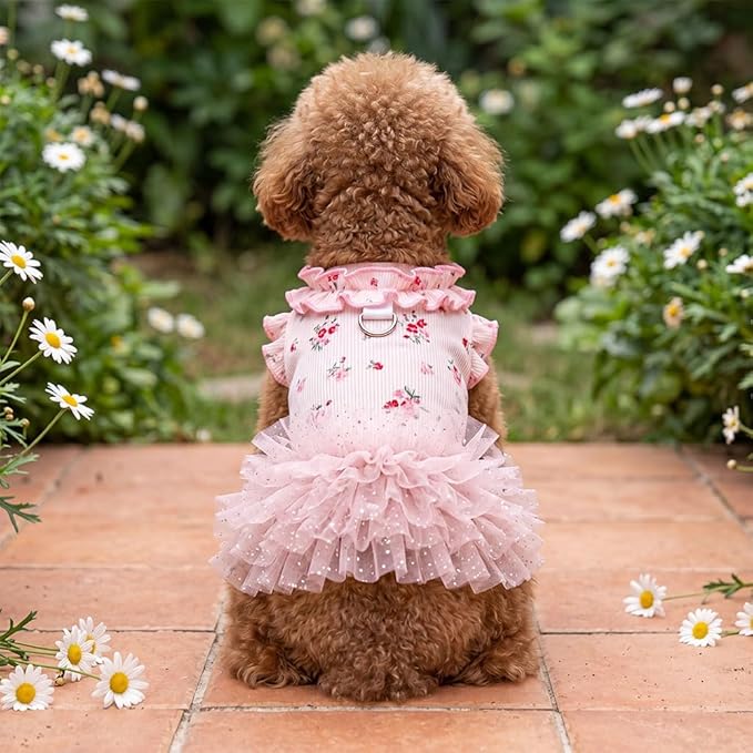Summer Pet Dress for Small Dogs Cats, Ice Silk Cotton Floral Print Tutu Skirt with Built-in D-Ring, Breathable Sleeveless Puppy Kitten Outfit for Daily Walk and Photo (Pink-Tutu, Small)