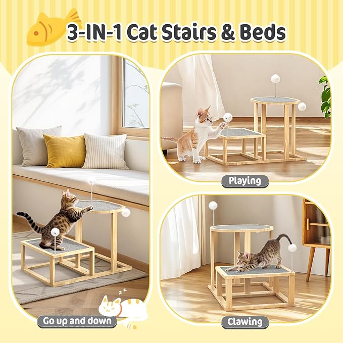 Pawaboo 16.9in Cat Tree Tower, 2-Level Cat Scratch Post with Scratching Mats, Cats Teasers & Hanging Ball, Cats Tree for Indoor Kittens, Natural Wooden Scratcher Beds & Furniture for Kitties