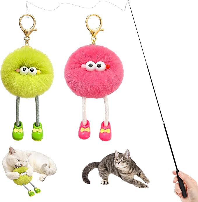 Walfront Cat Interactive Toys - Colorful Plush Ball Pendant, Equipped with Extendable Fishing Rod, Soft & Comfortable, Perfect for Pouncing & Daily Fun, Activity, Fun Playtime for Cats of All Ages!