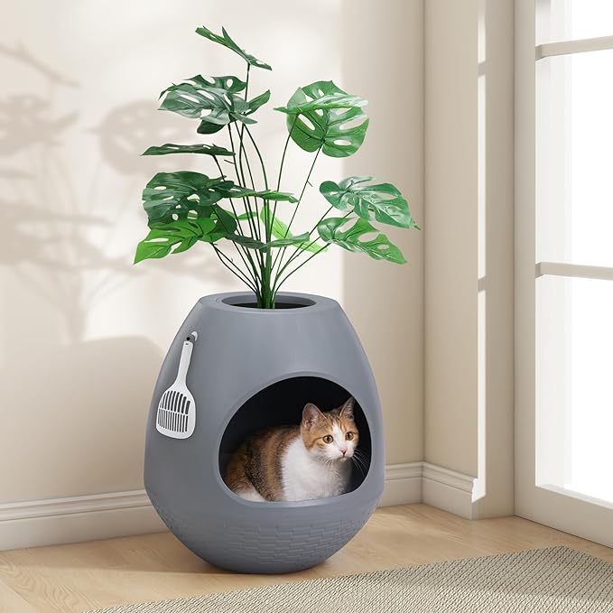 Eggloa6 Hidden Cat Litter Box with Artificial Plants - Egg-Shaped Enclosure Includes Scoop, Discreet Furniture for Home Decor, DIY Assembly Cat Litter Box Cabinet for Living Room(Grey)