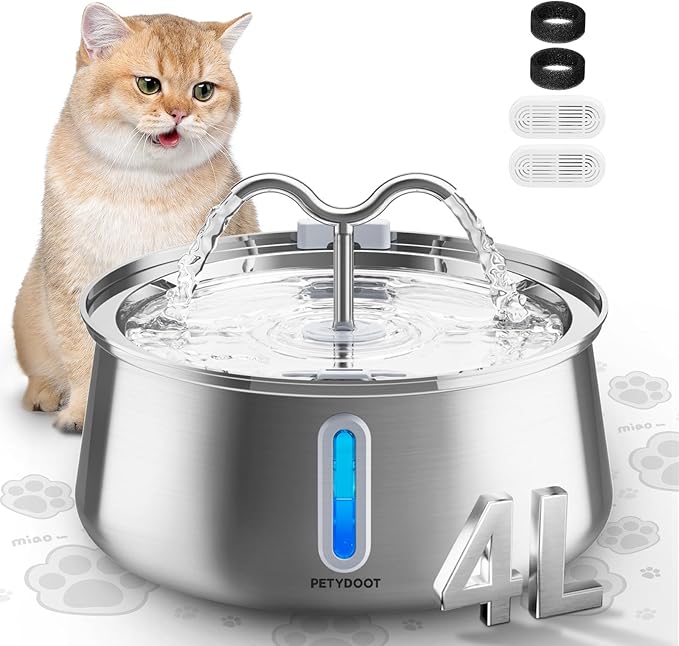 Cat Water Fountain Stainless Steel:135oz/4L Large Capacity Cat Fountain with Water Window, Pet Fountain for Cats Dogs Multiple Pets Drinking Water Bowl Ultra Quite Pump, Attached 2+2 Fliters