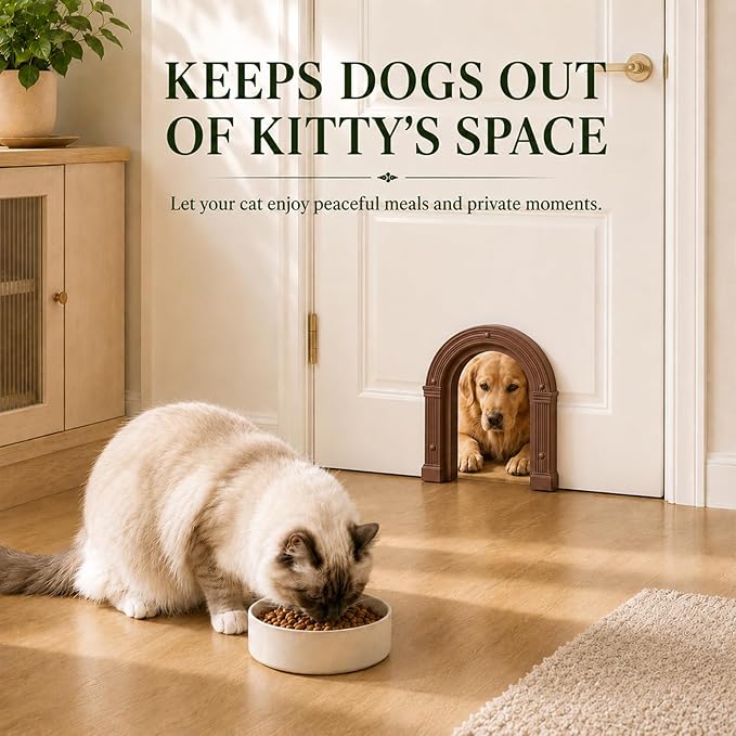 Cat Door for Interior Doors Large Cat Door - No-Flap, No Training Needed, Fits Cats Up to 25 lbs, Easy Installation, Installs in Minutes, Fits 1.25" to 1.75" Thick Solid & Hollow Doors Brown