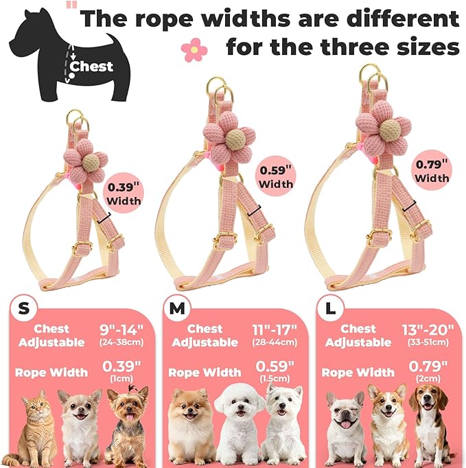 PETCARE Cute Flower Dog Harness and Bowtie Leash Set Easy Walk Puppy Dog Halter Harnesses for Small Dogs Girl Step in Dogs Harness with Buckle (Pink, Chest Adjustable 13"-20", Rope Width 0.79")