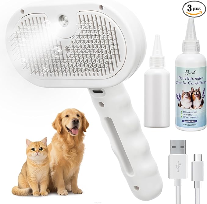 Pjordo Pet Steam Brush for Dogs & Cats with Pet Conditioner, 4 in 1 Spray Hair Removal Comb for Shedding & Grooming, Self Cleaning Water Brush for Long & Short Haired Pets