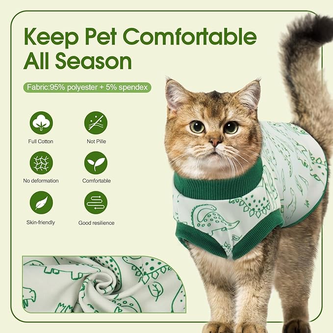 XX-Large Sphynx Hairless Cat Clothes with Dinosaur Print, Pullover Kitten T-Shirts Vest, Sleeveless Bodysuit Cat Pajamas Jumpsuit, Breathable Daily Wear Clothes for Cats