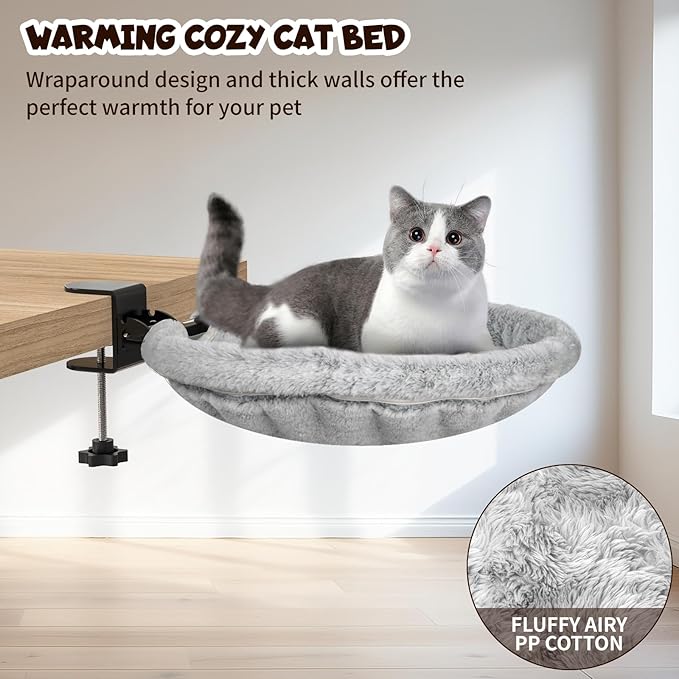 Cat Desk Bed, 90° Foldable Cat Hammock for Desk, Heavy Duty Cat Bed Desk Mount Up to 44lbs, Ergonomic Desk Mounted Cat Bed with Washable Soft Fabric, Space Saving Cat Perch for Home Office Desk