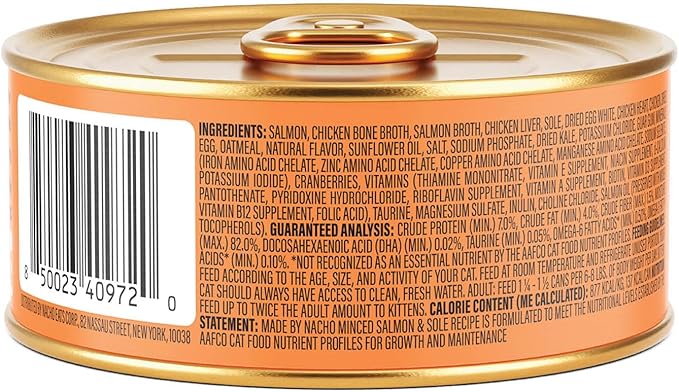 Made by Nacho Sustainably Caught Salmon & Sole Recipe with Bone Broth Minced Wet Cat Food, 5.5-oz can, Case of 6