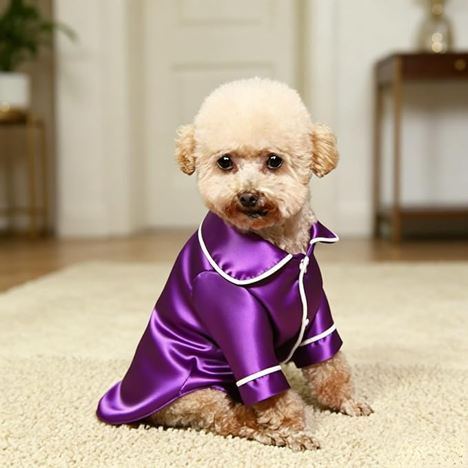 Cat Puppy Costume Elegant Satin Pajamas with Bow Headband 2PCs Set Pet Sleepwear Cute Pet Outfit Cosplay Partywear Photoshoots (Purple Set,X-Large)