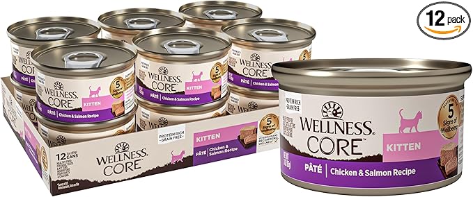 Wellness CORE Pate Kitten Canned Wet Cat Food, Natural, Protein Rich, Grain Free, Chicken and Salmon Recipe, 3 oz, Pack of 12 Cans
