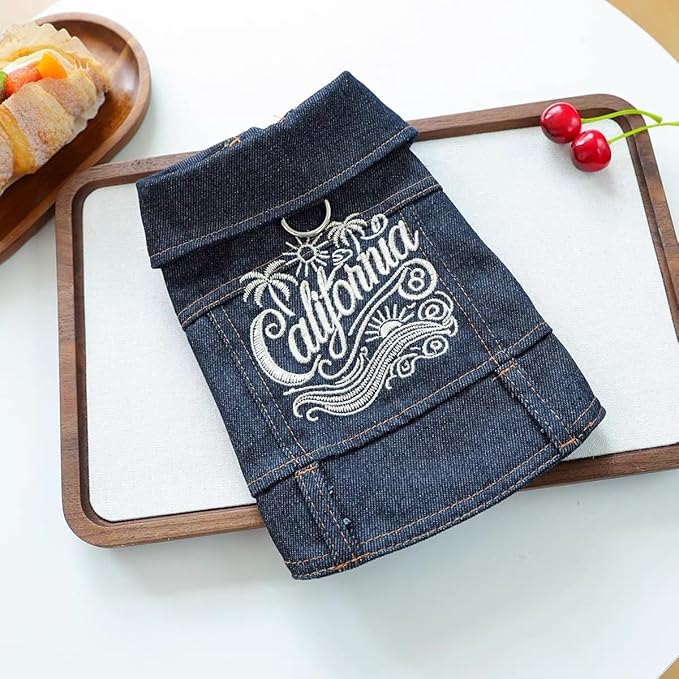 Dog Denim Vest with D-Ring, California Embroidered Jean Jacket for Small & Medium Dogs, Snap Button Puppy Clothes for Walking & Photos(L)