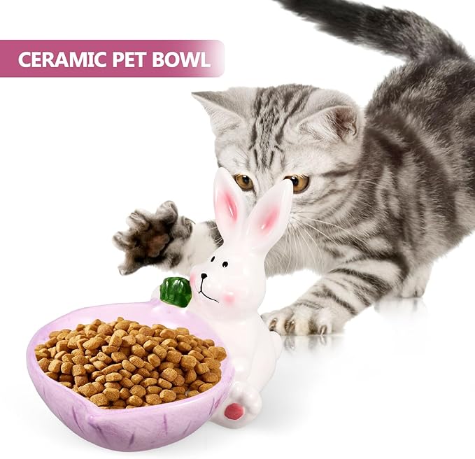 Ceramic Cat Bowl and Dog Feeding Dish, Purple Non-tip Wear-Resistant Pet Floor Bowl, Cute Bunny Design for Indoor Feeding and Watering Supplies