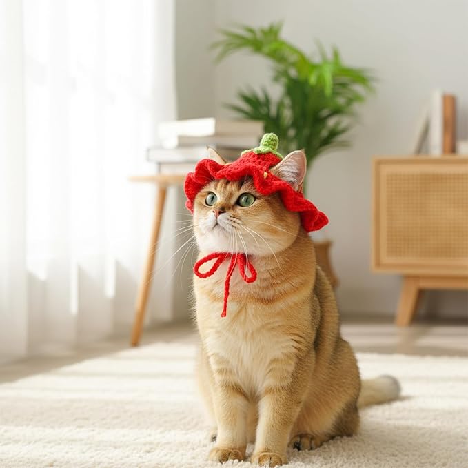 Strawberry Cat Hat Soft Polyester Cartoon Design Knit Cute Dog Hat Rabbit Hats Halloween Christmas Party Costume Head Wear Accessories for Puppy Cat Kitten Small Dogs Small Animals Pets Red (M)