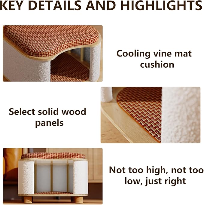 Multi-Functional Wooden Cat Cabinet, Cat Bed with Scratch Pad & Rattan Cushion, Hidden Cat Cave & Ottoman Stool
