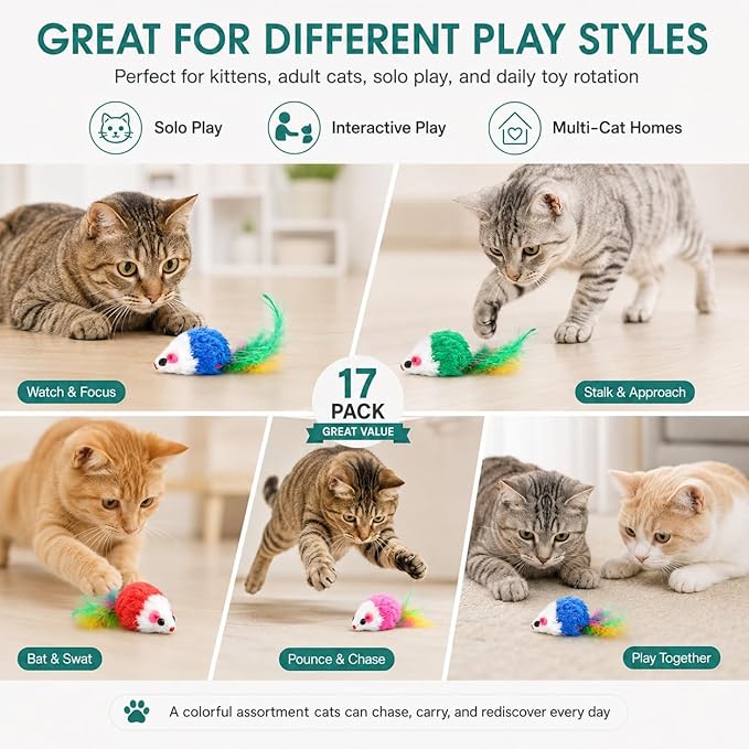 FYNIGO Cat Mouse Toys 17 Pack, Interactive Cat Toys for Indoor Cats, Catnip-Scented Plush Mice with Feather Tails & Rattle Sound, Kitten Toys for Entertainment, Exercise & Hunting Play