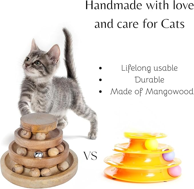 Interactive Cat Toy Tower with Balls & Bell – 3 Tier Track Ball Toy for Indoor Cats & Kittens – Wooden Cat Enrichment Toy for Bored Cats, Exercise & Mental Stimulation 8 x 8 x 4 Inches