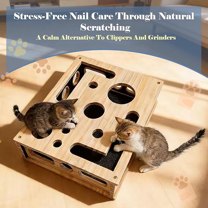 Cat Nail File Puzzle Enrichment Box, Wooden Cat Scratch Puzzle Box With Sandpaper Inside, Cat Scratch Puzzle Enrichment Box Nail File, Stress-Free Alternative To Clippers And Grinders For Indoor Cats