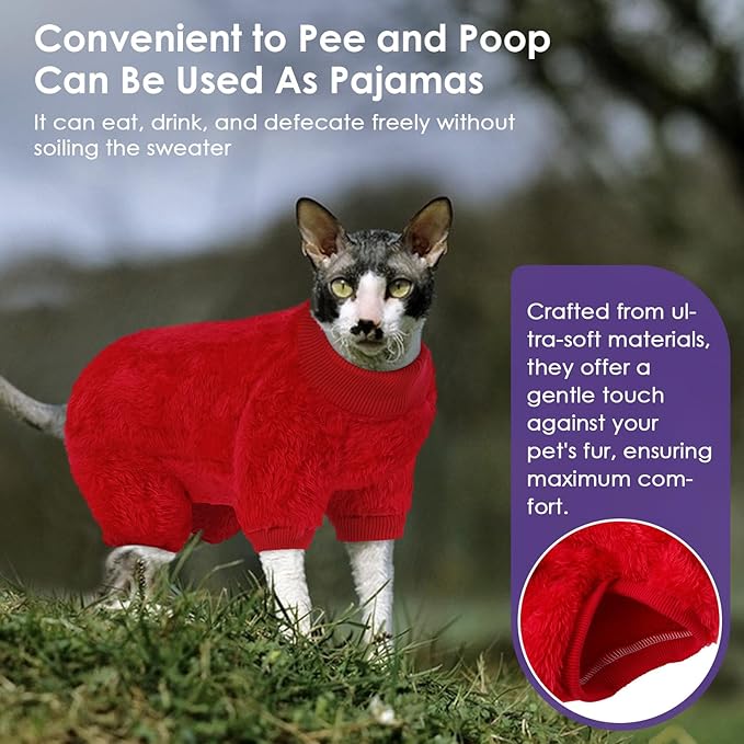 Sphynx Hairless Cat Sweater, Full Body Warm Fleece Sweaters with Sleeves for Cats, Soft Turtleneck Cat Clothes, Cozy Pullover Pajamas for Hairless Cats Devon, Donskoy & Small Dogs, Red XL