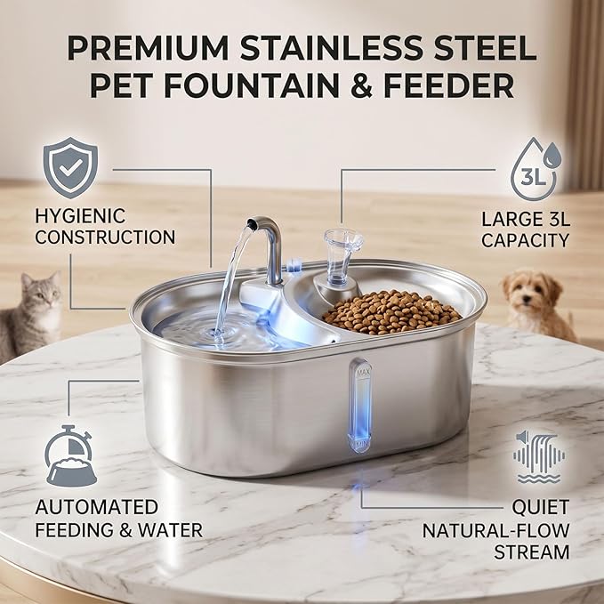 Luocute Stainless Steel Cat Water Fountain, 3L Automatic Pet Drinking Fountain with Timer and 5 Filters for Cats and Dogs, Pet Water Bowl Dog Drinking Dispenser Feeding