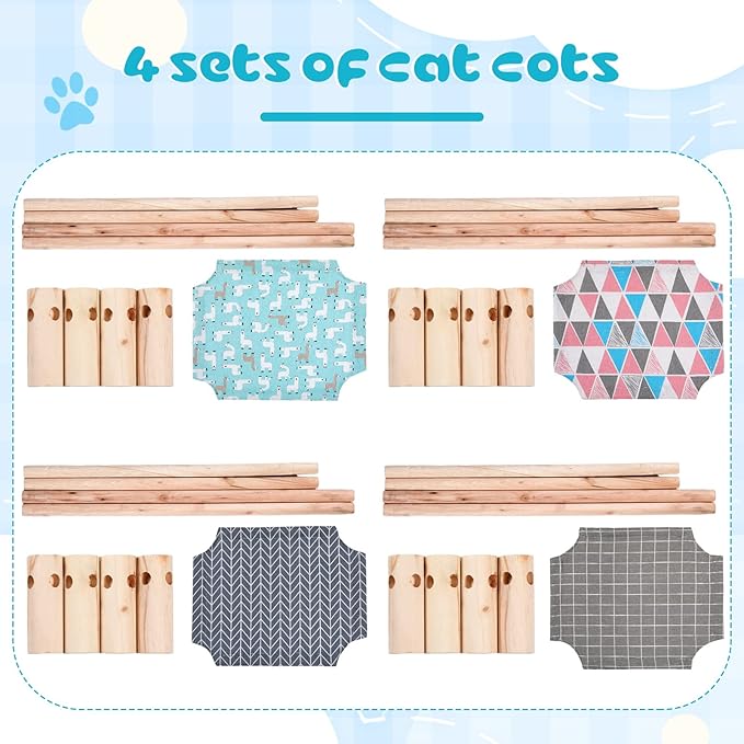 Mixweer 4 Pcs Cat Hammock Bed Wooden Cooling Elevated Bed Detachable Portable Chair for Small Dogs Pets Sleeping Indoor and Outdoor 21 x 19 x 5 Inch(Alpaca)