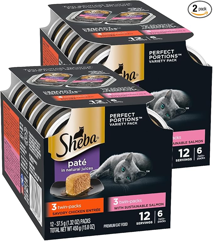 Sheba Perfect Portions Wet Cat Food Pate, Chicken Entree and with Sustainable Salmon Entree, Cat Food Wet Recipe Variety Pack, 2.6 oz. Twin-Pack Trays (6 Count, 12 Servings) (Pack of 2)