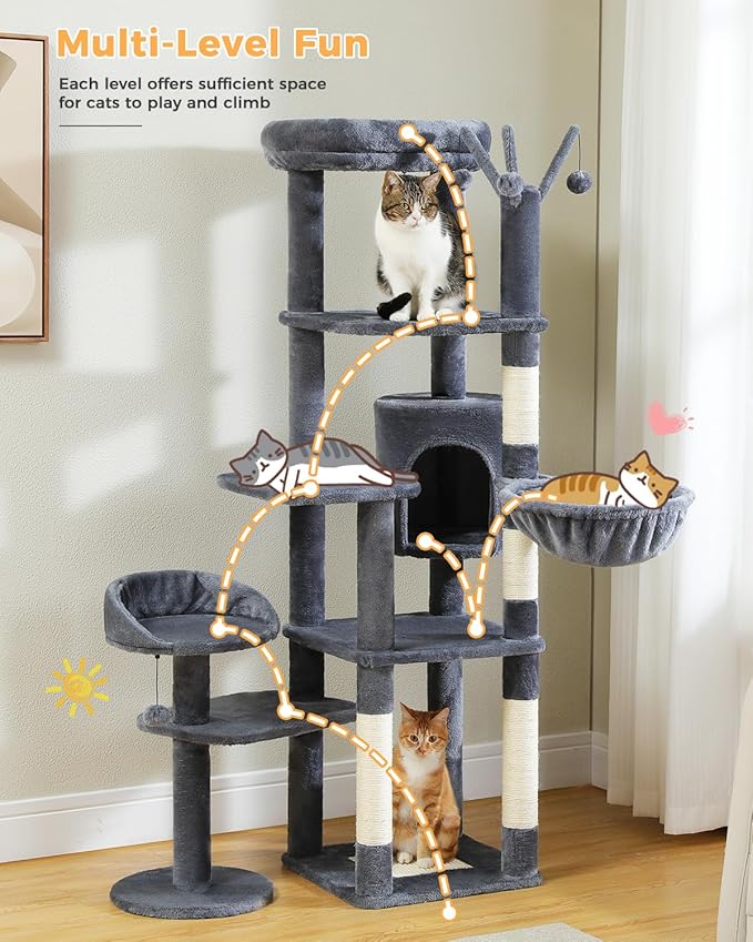 MUTTROS 59" Cat Tree, Cat Tower for Large Cats, Multi-Level Cat Tower with 3 Removable Pompom Sticks, Cat Tree for Indoor Cats, Cat Condo with Large Hammock, Scratching Post, and 2 Perches, Dark Gray