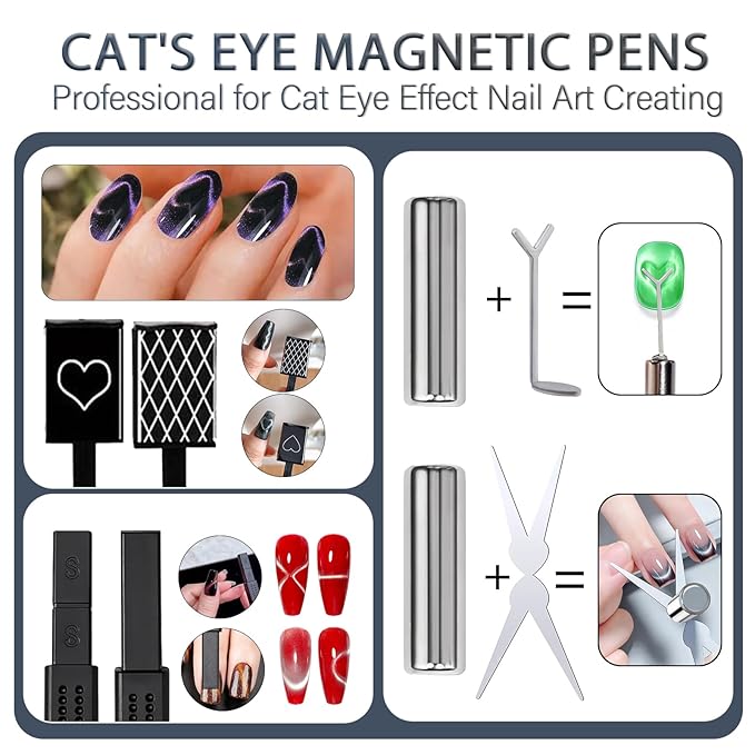 9pcs Cat Eye Nail Tools – 3-in-1 Nail Art Magnet, Multi-Functional Nail Magnet Stick, Nail Magnet Plates, Cylindrical Magnets, Scissor & Y-Shaped Plates for French Heart Cat Eye Effect