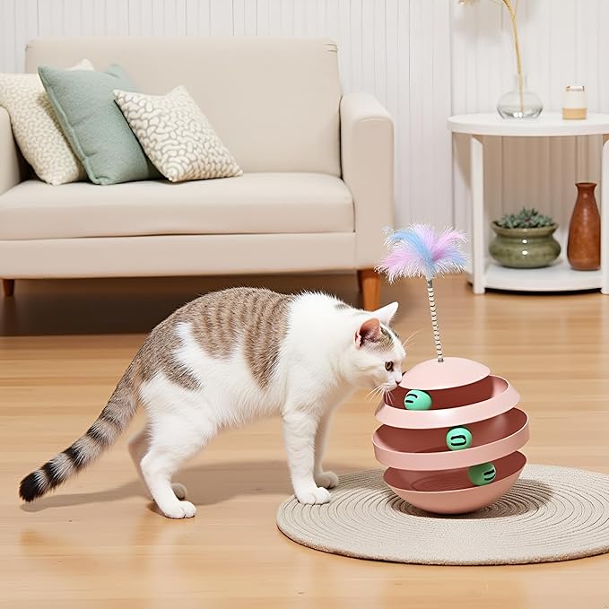 Interactive Cat Toy, Automatic Spinning Cat Toy for Indoor Cats, Engaging Kitten Toy with Feather for Exercise & Mental Stimulation, 3-Layer Cat Ball Track Durable Safe Toy to Reduce Boredom(pink)