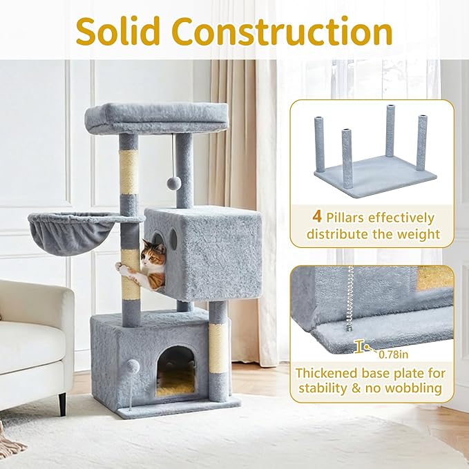 Cat Tree Tower House Condo Small Scratching Post, 40" Corner Kitty Climbing Stand with Hammock for Indoor, Medium Modern Carpet Bed Platform for Kittens, Simple Apartment Cat Furniture