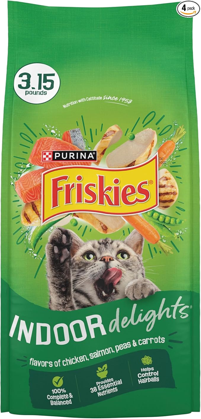 Purina Friskies Dry Cat Food Indoor Delights Flavors of Chicken, Salmon, Peas, and Carrots - (Pack of 4) 3.15 lb. Bags