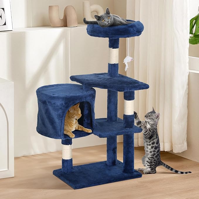 Cat Tree, 36 Inches Indoor Cat Tree Tower Condo, Natural Sisal Cat Scratching Post with Cozy Bed, Small Cats Tree for Kittens, Soft Perch & Cute Toys, Navy Blue