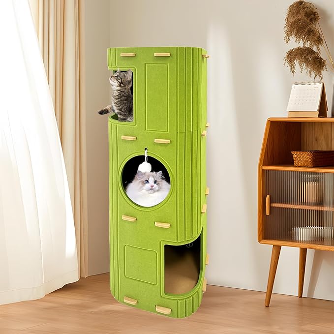 Homegroove Cat House for Indoor Cats, 3-Storey Cozy Felt Cat Bed Cave with Tunnel Hideaway, Large Multi-Cat Condo for Rest & Play (Green, X Large)