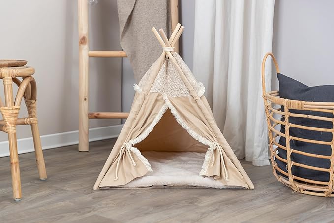 TRIXIE Boho Tipi for Dogs and Cats, Stylish Bed for Cats and Dogs with Reversible Cushion and Tie-Backs, A Perfect Retreat for Kitties and Pups, Beige