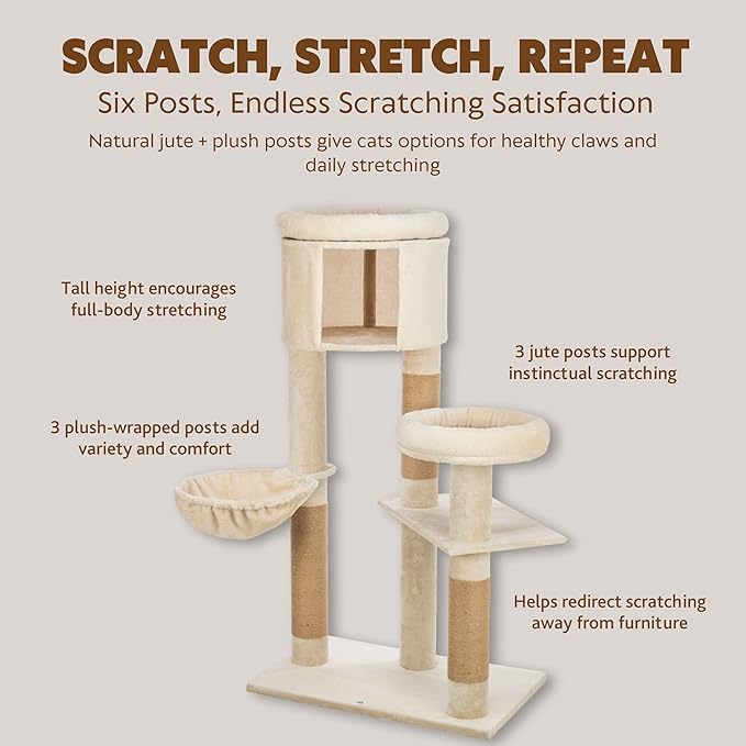 Trixie Aidan 53" Cat Tree Tower with Hammock, Condo, 6 Plush & Jute Scratching Posts, Cozy Beds & Multi-Level Perches – Modern Indoor Cat Furniture for Climbing, Scratching, Lounging & Play