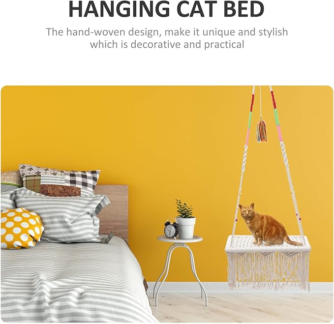 KALLORY Macrame Cat Hammock Bed Hanging Cotton Rope Swing Bohemian Style Decorative Cat Accessory Indoor Kitten Furniture