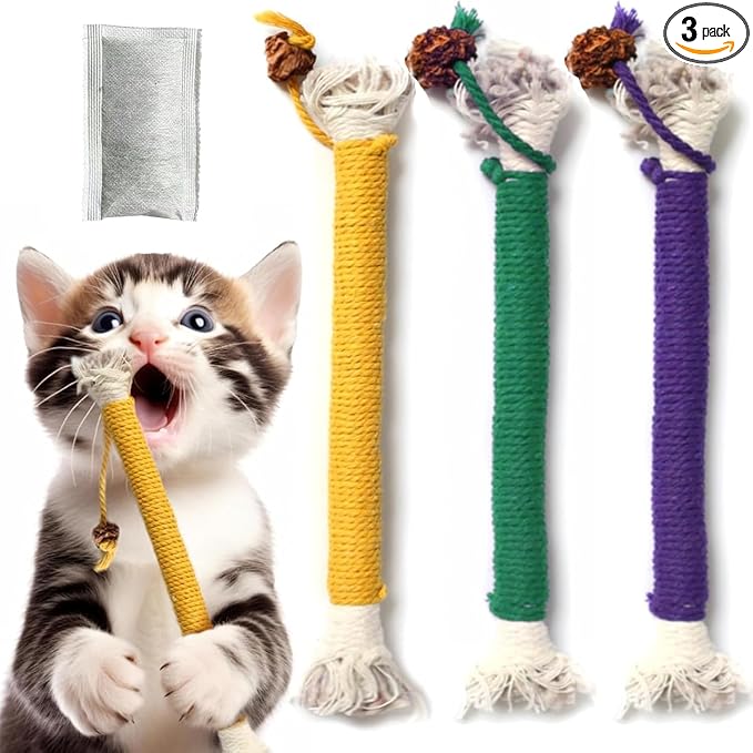 Letalong 3 PCS Cotton Rope Cat Toys with 1 Pack Catnip for Indoor Cats, Interactive Cat Rope Toys with Silvervine Fruit for Cats and Kittens, Handmade Pet Chew Toys for Teeth Cleaning