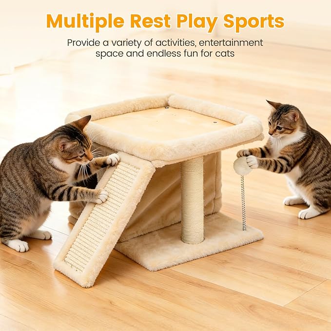 Cat Tree, Compact Cat Tree for Small Spaces, Heavy Duty Cat Tower for Large Cats,Small Cat Tower with Cat Scratching Post & Bed, Cat Condo Climbing Furniture for Indoor Cats (Off-White)
