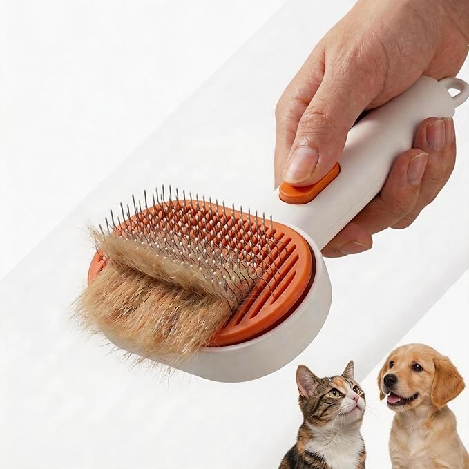 2026 Pet Grooming Brush for Cats and Dogs, Stainless Steel Deshedding Brush with One-Click Cleaning Button, Skin-Friendly Massage Pins, Removes Loose Hair and Tangles (White And Orange)