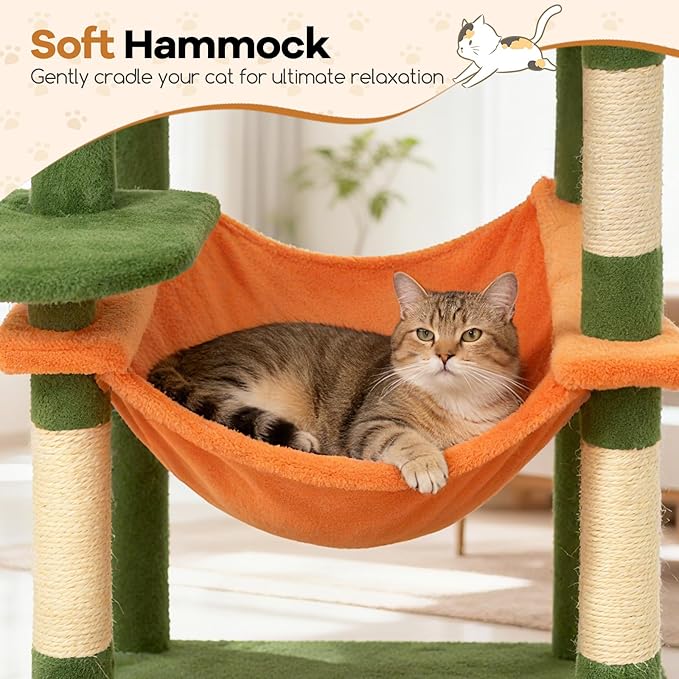 DORTALA 75" Tall Modern Cat Tree, Multi-Level Cat Tower with Large Condos, Sisal Scratching Posts, Top Perch, Hammock, Dangling Balls, Kitten Beds & Climbing Furniture for Indoor Cats (Green & Orange)