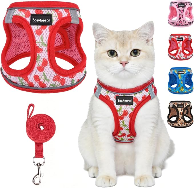 SCENEREAL Cat Harness & Leash Set Escape Proof - Adjustable Air Mesh Vest with Reflective Strips for Kittens, Puppies, Rabbits, Cherry M