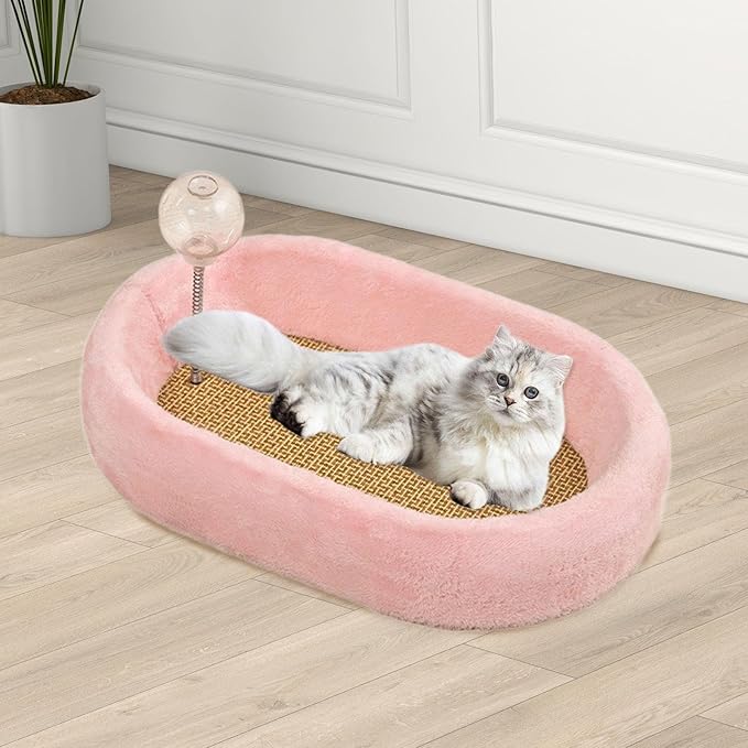Baoblaze Kitten Bed Oval Cats Scratch Pad Furniture Protector with Ball Play Chasing Sofa Protection Training Toys Cat Scratcher Board, Pink
