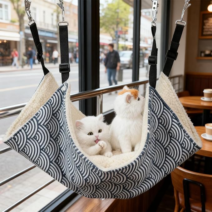 GLOGLOW Cat Bed Reversible Cat Hanging Hammock, Soft Breathable Pet Cage Hammock for Small Dogs Rabbits Bed, Furniture (Blue Stripes with Fleece)