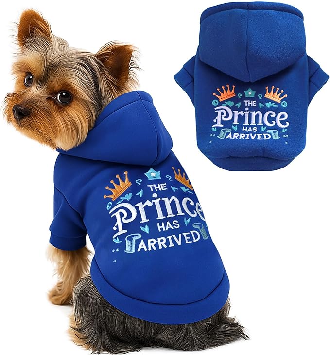 ABRRLO Small Dog Hoodie Clothes Cute Blue Prince Fleece Dog Sweater for Small Dogs Cat Boy Warm Puppy Sweatshirt with Leash D Ring Fall Winter XS Tiny Pet Doggy Outfit Chihuahua Yorkie Shihtzu(Blue,M)