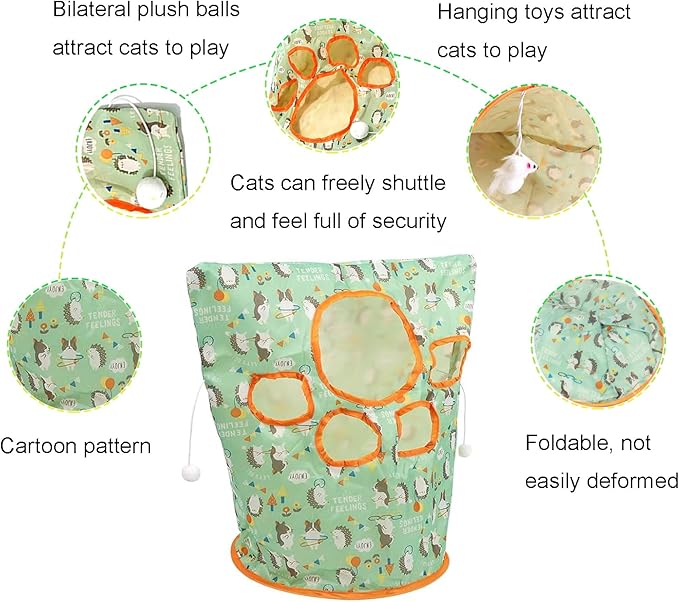 Cat Tunnel Bag for Indoor Cats, Foldable Pet Tunnel Crinkle Sack Bag with a Little Mouse & 3 Toy Ball, Portable Crinkle Paper Interactive Hide and Seek Cat Toys (Green)