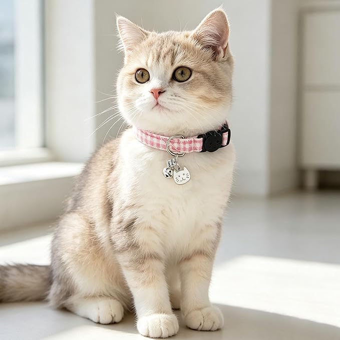 2 Pack Cotton Breakaway Cat Collars with Bell and Charms Pink Solid Plaid Safety Collars for Girl Boy Cats, Cat Head and Paw Pendant Cute Kitten Collars