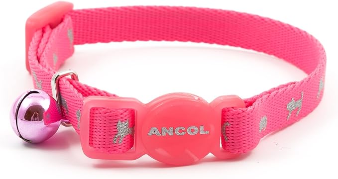 Ancol Hi-Vis Safety Kitten Collar Neon Pink Reflective Adjustable Break Away Buckle Light Bell Low Light Visibility Pet Safety Neckband One Size