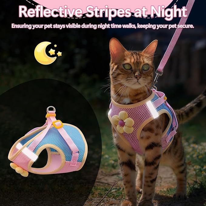 Cat Harness and Leash Set Escape Proof, Adjustable Cat Vest Harnesses Soft Kitten Harness Reflective Strips Jacket with Flower, Breathable Mesh Harnesses for Cats Puppy Easy to Wear Outdoor Walking
