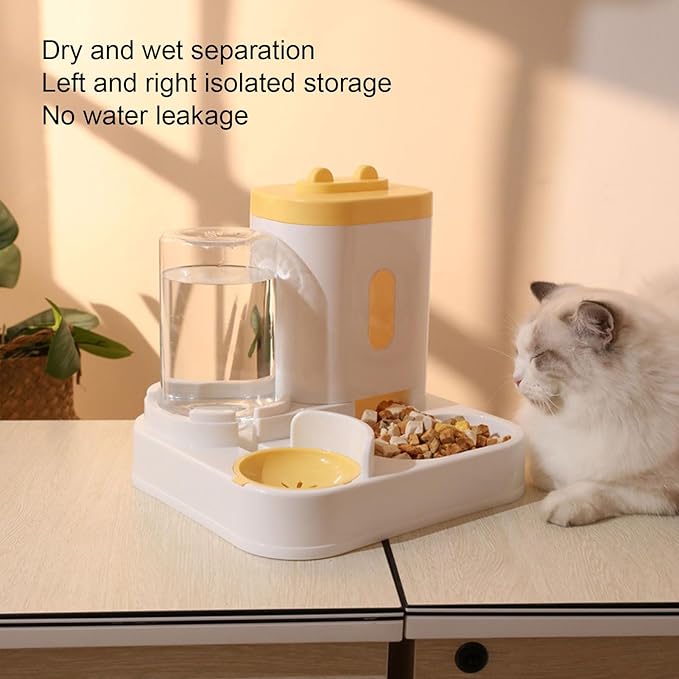 2 in 1 Automatic Cat Feeder and Water Dispenser, Large Capacity Self Feeding Dog Food Dispenser Gravity Food Bowl with 1l Water Tank for Multiple Pets (Yellow)