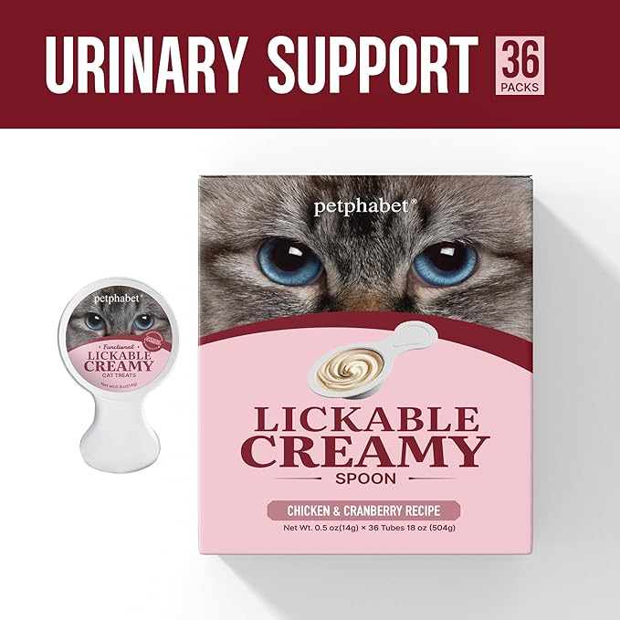 PETPHABET Lickable Cat Treats Spoon, 36 Count Creamy Puree Kitten Treats Chicken Slamon & Cranberry Recipe, Functional Wet Paste Cat Snacks for Urinary Health, Grain-Free Kitty Treat with Taurine